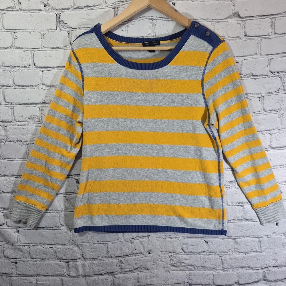Tommy‎ Hilfiger Sweater Womens Large Cotton Gray Yellow Striped Button Shoulder